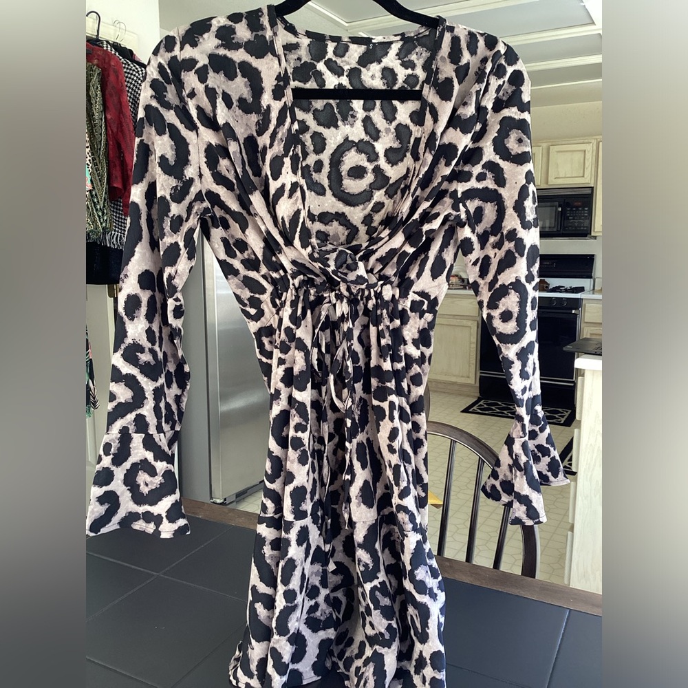 Animal Print Long Sleeve Midi Wrap Dress